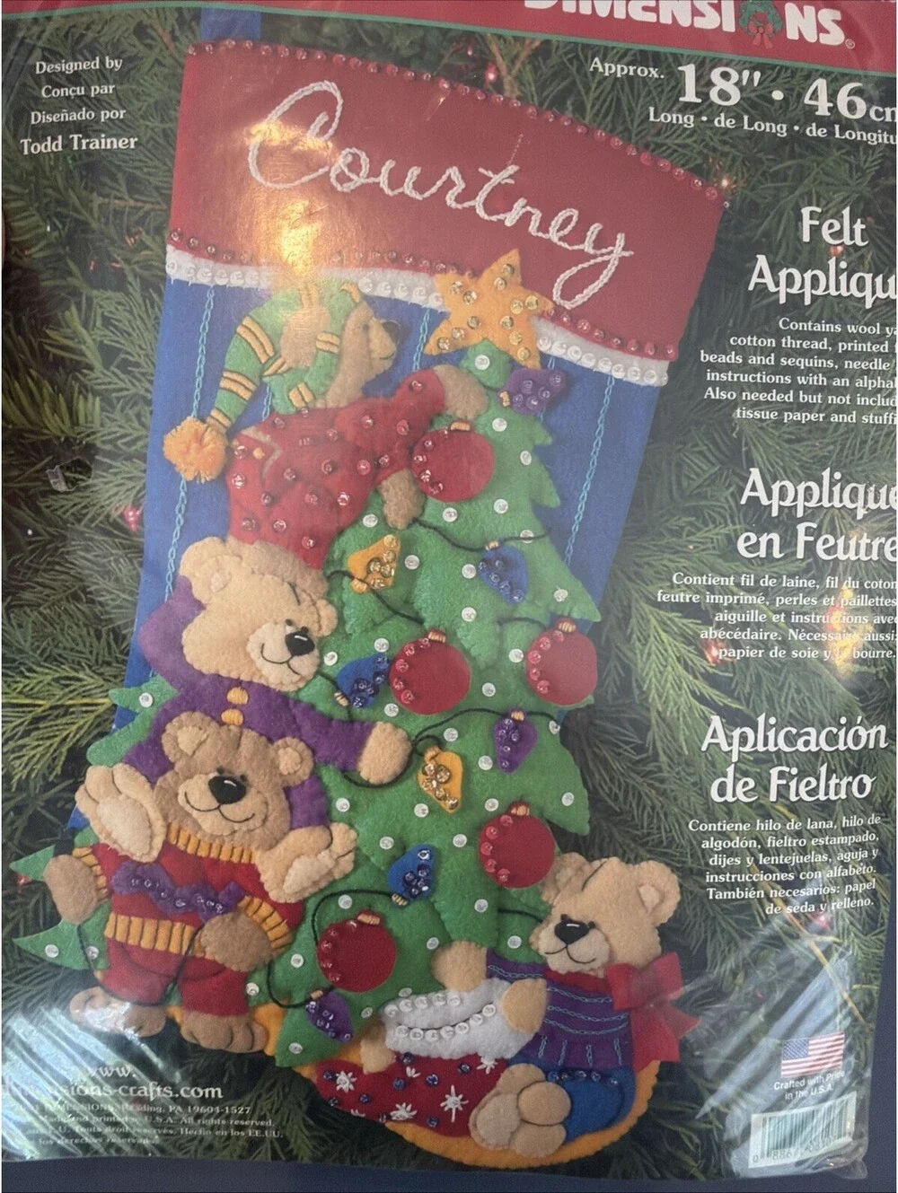 Vintage 2001 Dimensions Felt Works Appliqué Stocking Bears And Christmas Tree Ne